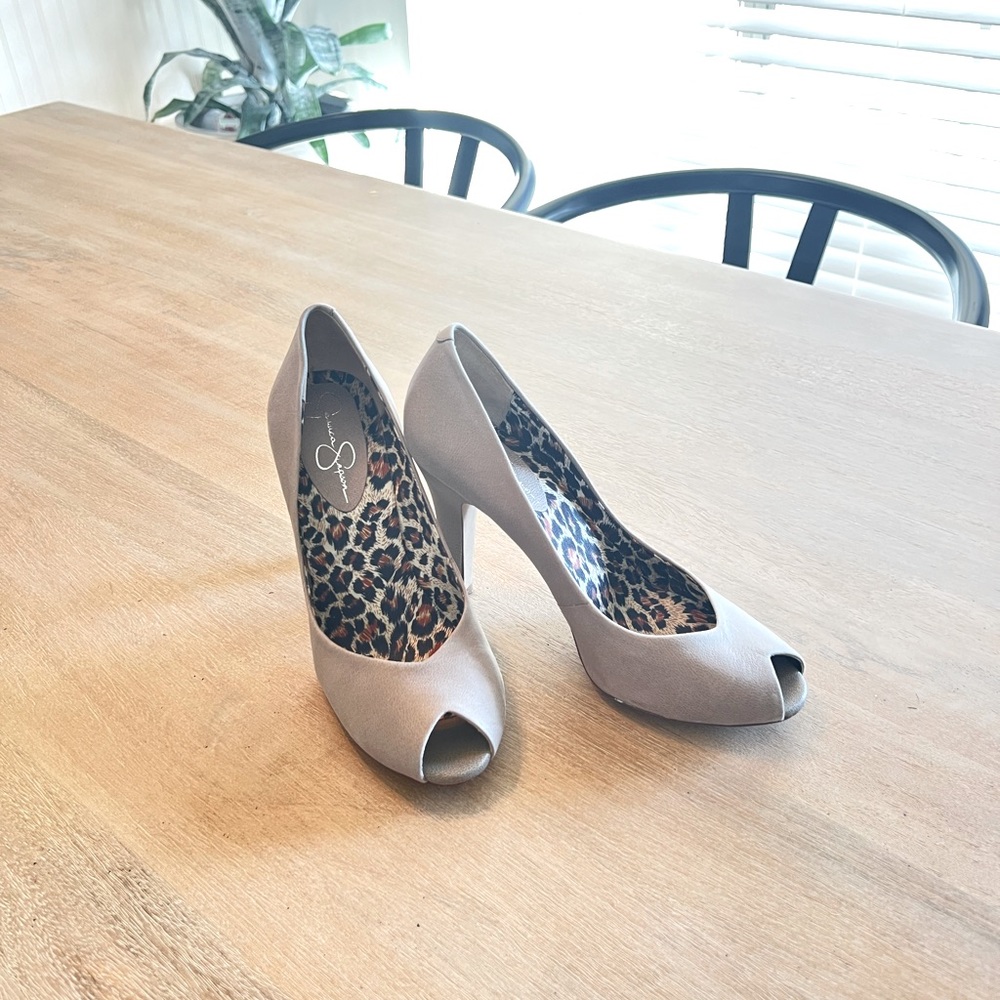 Ash gray peep toe heels.  Like new worn a couple times only.  Size 8.5